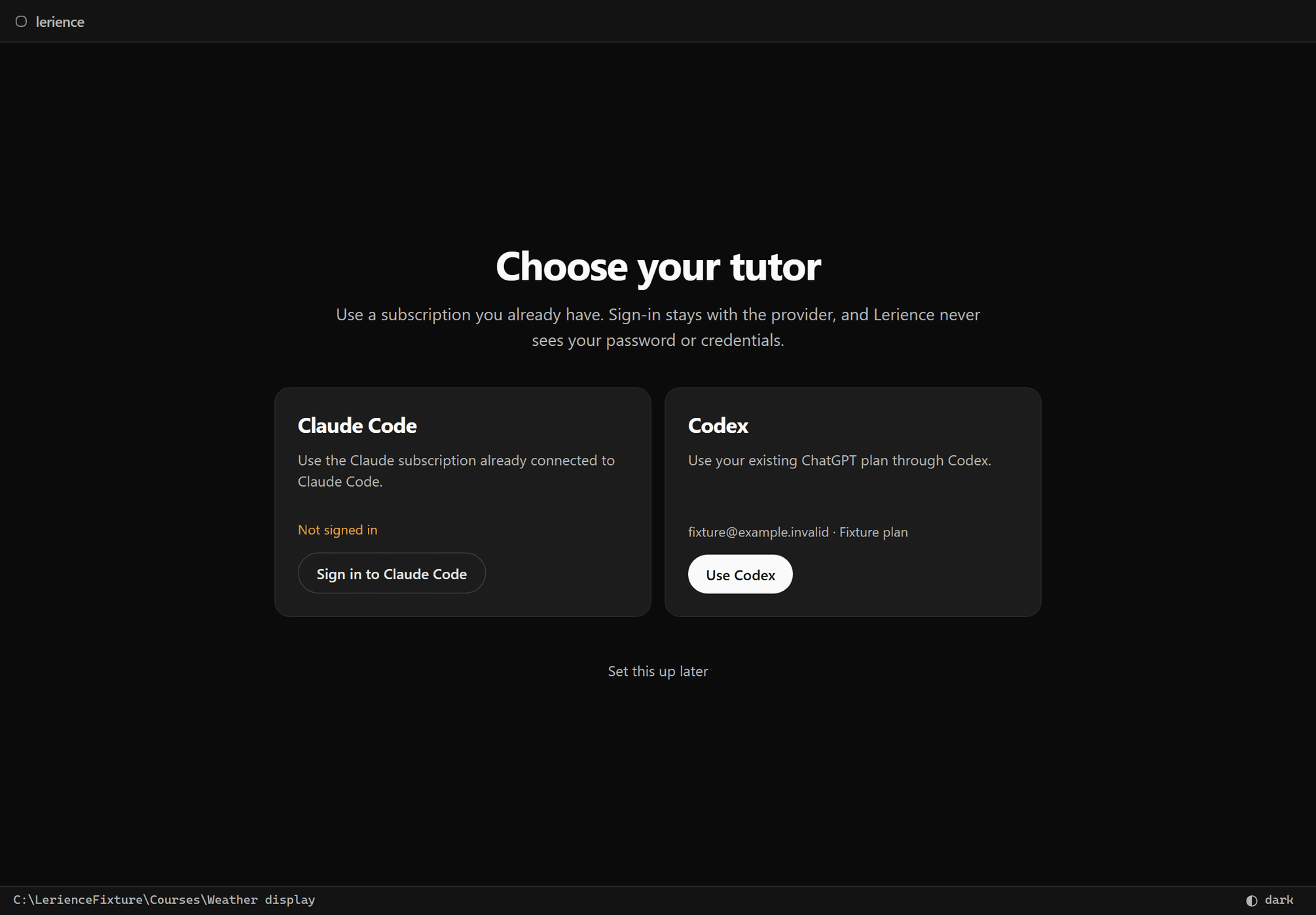Lerience tutor gate with two provider cards, Claude Code not signed in and Codex connected under a fixture account